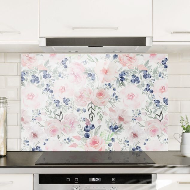 Glass splashback patterns Pink Roses With Blueberries In Front Of White