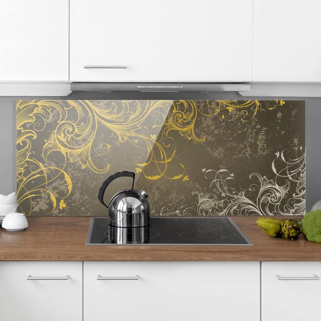 Glass splashback patterns Flourishes In Gold And Silver