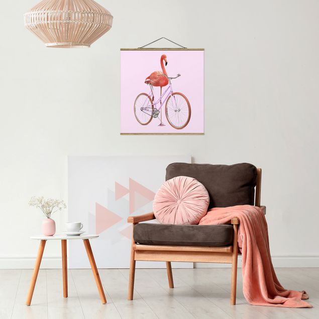 Fabric print with poster hangers - Flamingo With Bicycle