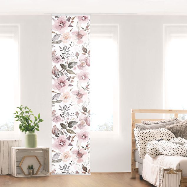 Sliding panel curtain - Grey Leaves With Watercolour Flowers