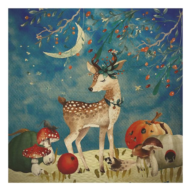 Print on wood - Watercolour Deer In Moonlight