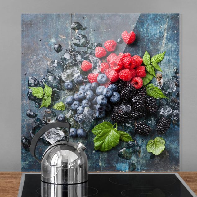 Glass splashback fruits and vegetables Berry Mix With Ice Cubes Wood