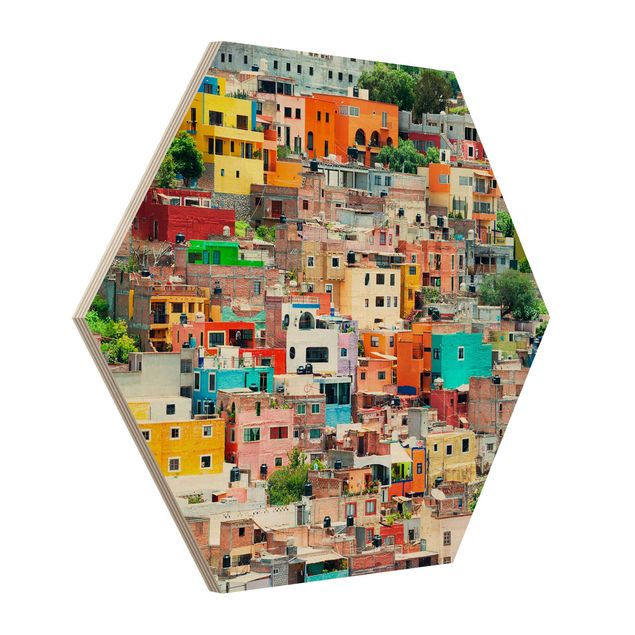 Wooden hexagon - Coloured Houses Front Guanajuato