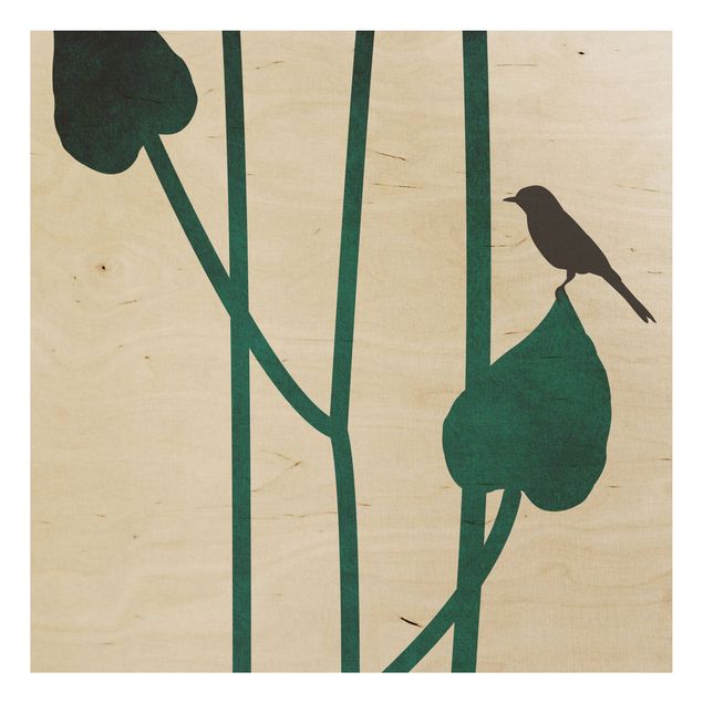 Print on wood - Graphical Plant World - Bird On Leaf