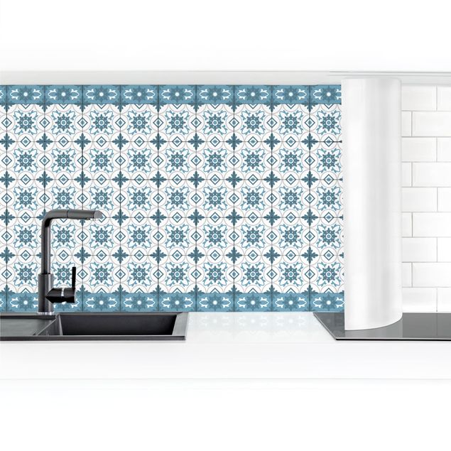 Kitchen wall cladding - Geometrical Tile Mix Flower Blue Grey
