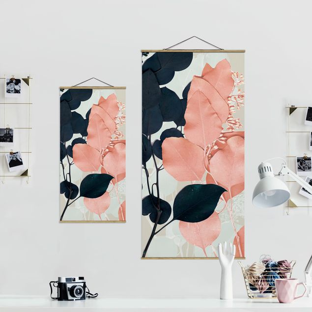 Fabric print with poster hangers - Leaves Indigo & Rouge I