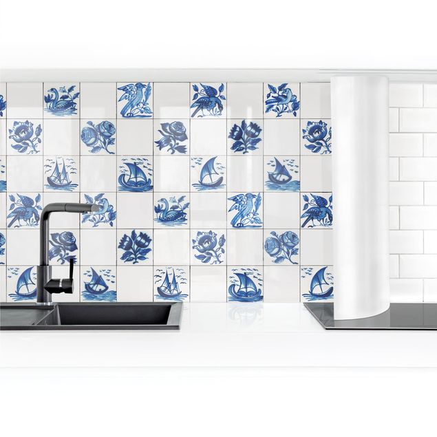 Kitchen wall cladding - Hand Painted Tiles With Flowers, Ships And Birds