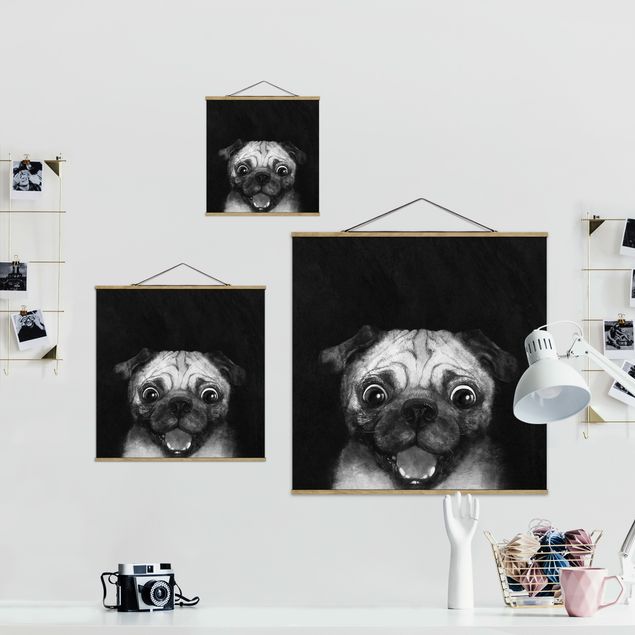 Fabric print with poster hangers - Illustration Dog Pug Painting On Black And White
