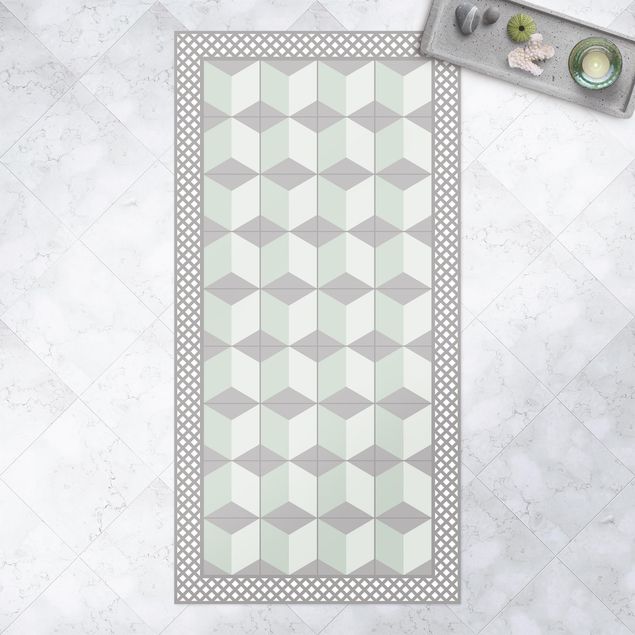 balcony mat Geometrical Tiles Illusion Of Stairs In Mint Green With Border