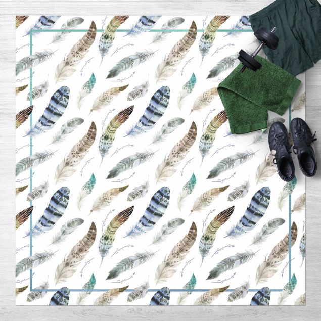 balcony mat Boho Watercolour Feathers In Earthy Colours With Frame