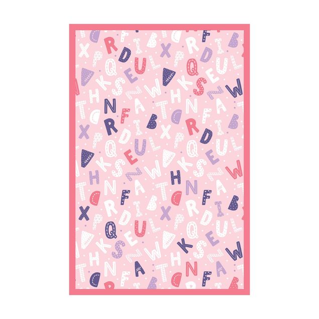 Vinyl Floor Mat - Alphabet With Hearts And Dots In Light Pink With Frame - Portrait Format 2:3