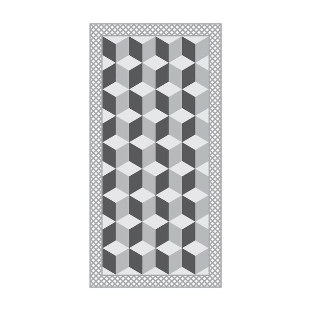Modern rugs Geometrical Tiles Illusion Of Stairs In Grey With Border