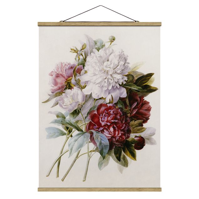 Fabric print with poster hangers - Pierre Joseph Redoute - Bouquet Of Red, Purple And White Peonies