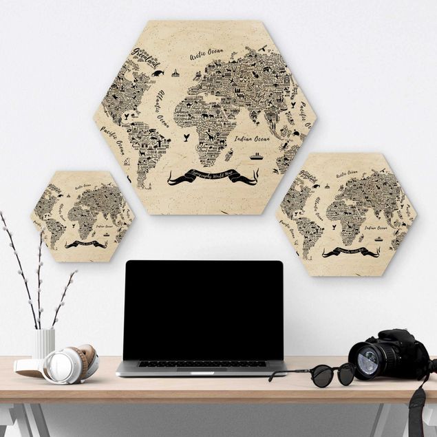 Wooden hexagon - Typography World Map White