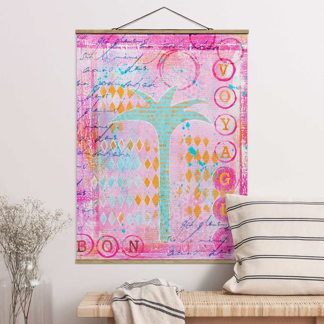 Fabric print with poster hangers - Colourful Collage - Bon Voyage With Palm Tree