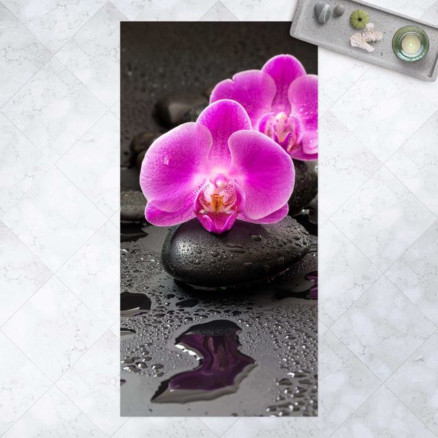 Balcony rugs Pink Orchid Flower On Stones With Drops