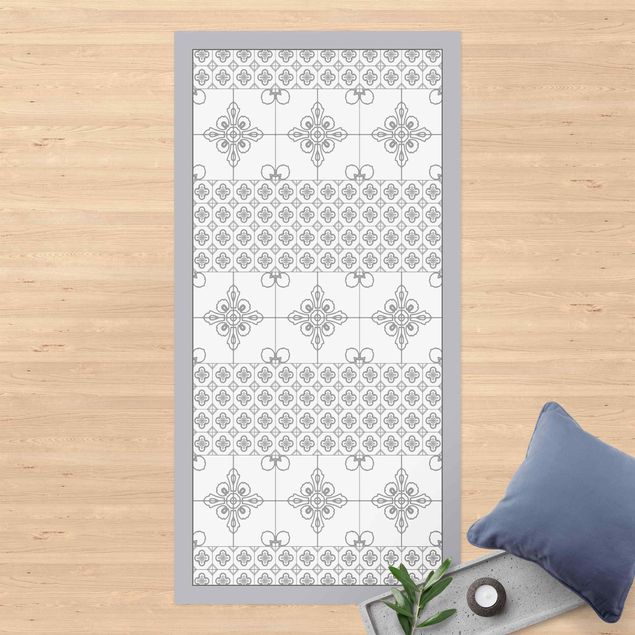 balcony mat Floral Tile Pattern Grey With Border