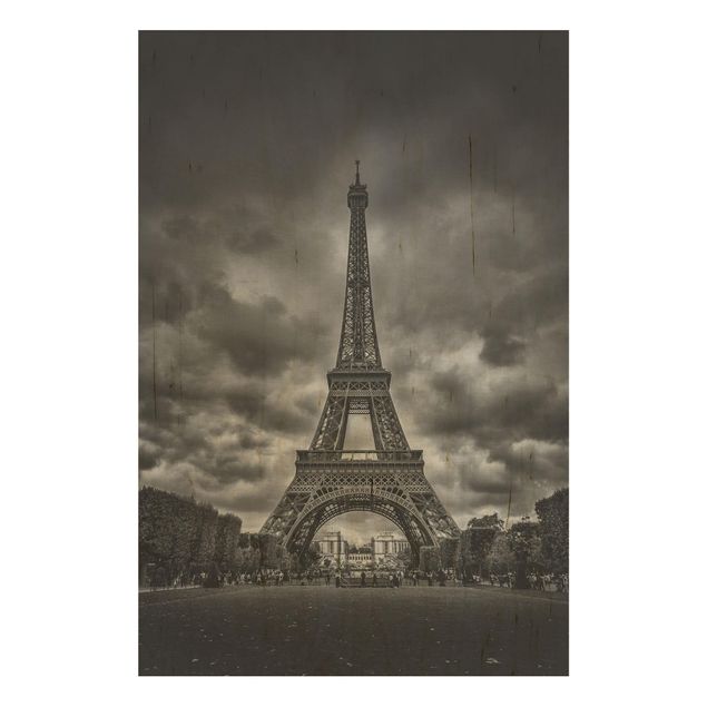 Wood print - Eiffel Tower In Front Of Clouds In Black And White