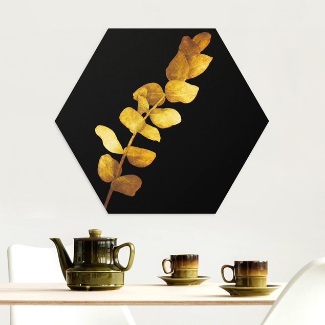 Alu-Dibond hexagon - Gold - Eucalyptus On Black