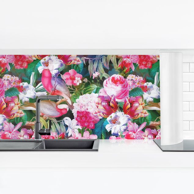 Kitchen splashbacks Colourful Tropical Flowers With Birds Pink