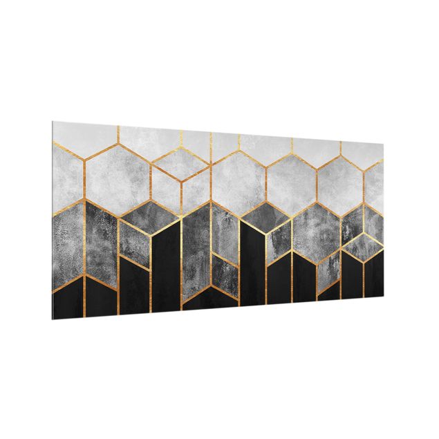 Glass splashback abstract Golden Hexagons Black And White