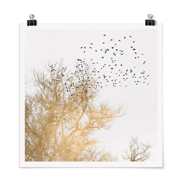 Poster - Flock Of Birds In Front Of Golden Tree