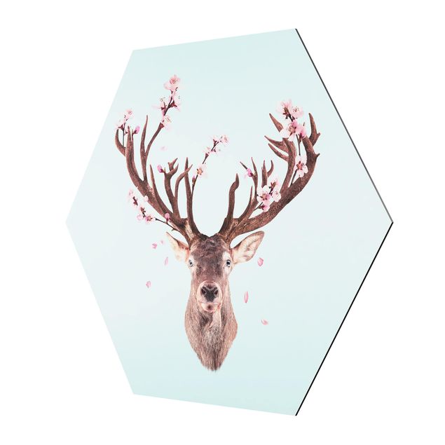 Alu-Dibond hexagon - Deer With Cherry Blossoms