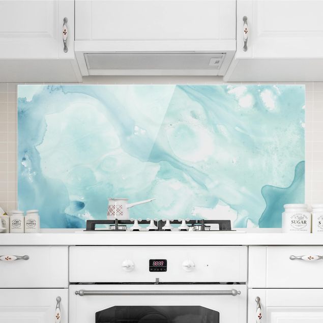 Glass splashback abstract Emulsion In White And Turquoise I
