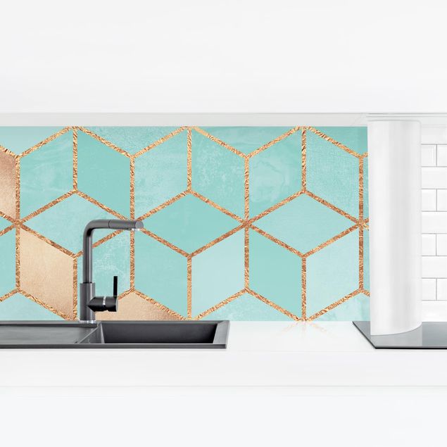 Kitchen wall cladding - Turquoise White Golden Geometry