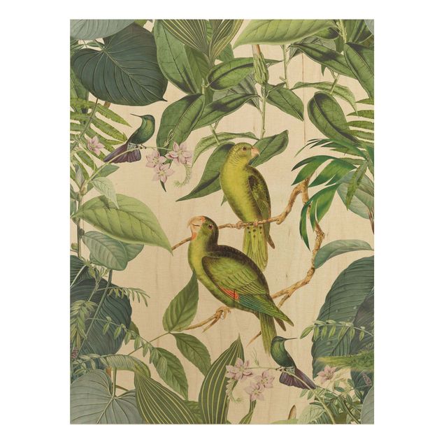 Print on wood - Vintage Collage - Parrots In The Jungle