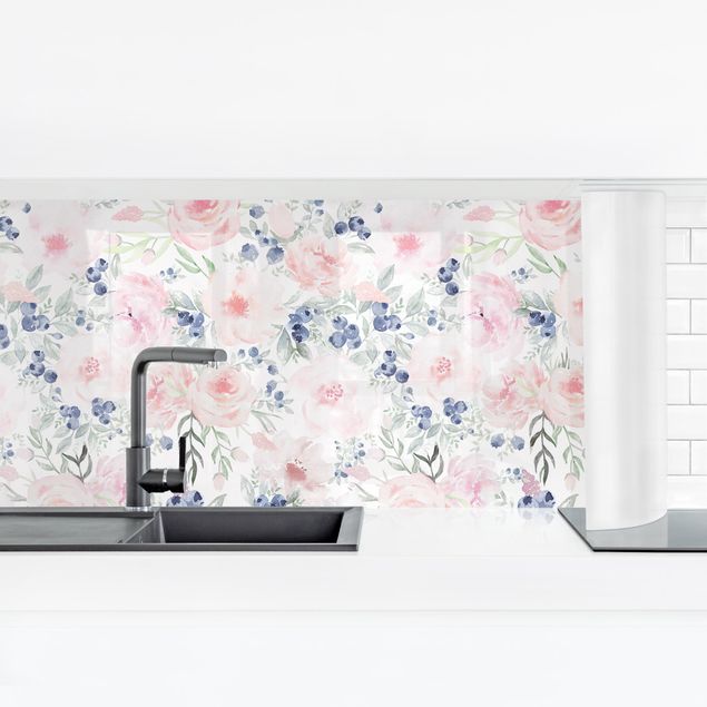 Kitchen wall cladding - Pink Roses With Blueberries In Front Of White