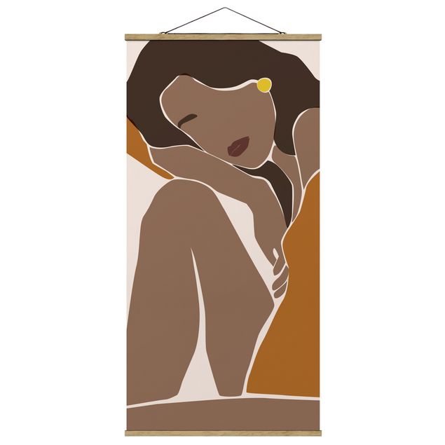 Fabric print with poster hangers - Line Art Woman Brown Beige