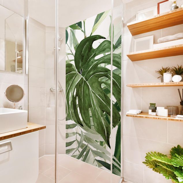 Shower wall cladding - Watercolour Tropical Arrangement With Monstera