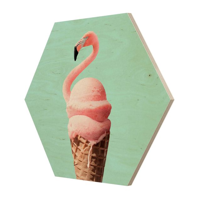 Wooden hexagon - Ice Cream Cone With Flamingo