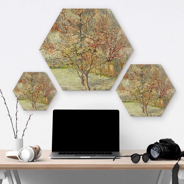 Wooden hexagon - Vincent van Gogh - Flowering Peach Trees