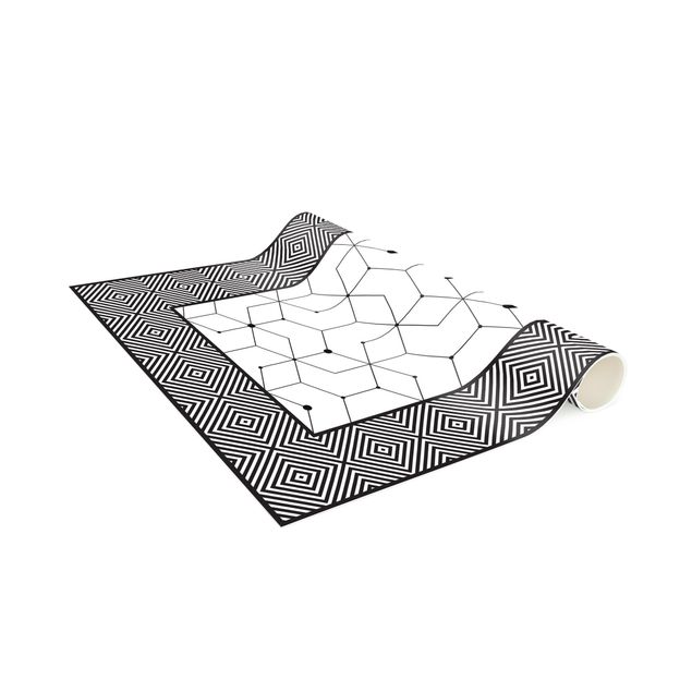rug tile pattern Geometrical Tiles Dotted Lines Black And White With Border