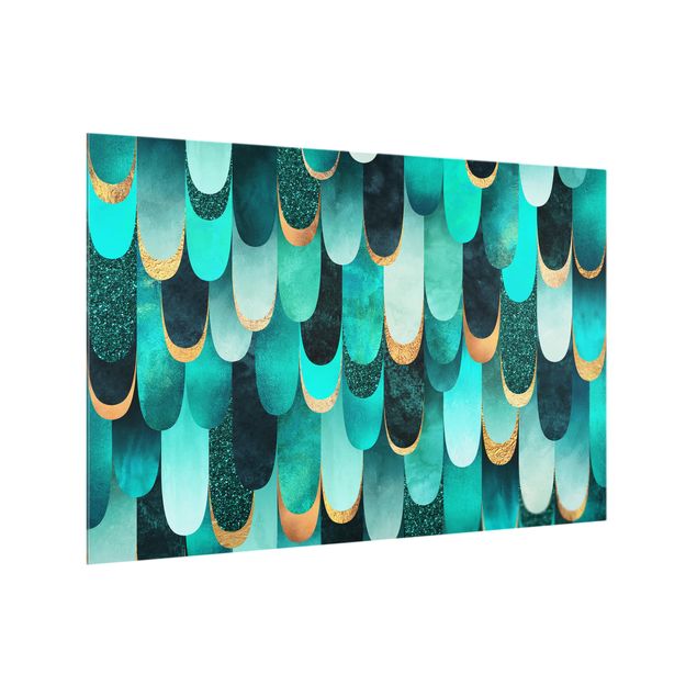 Glass splashback kitchen abstract Feathers Gold Turquoise