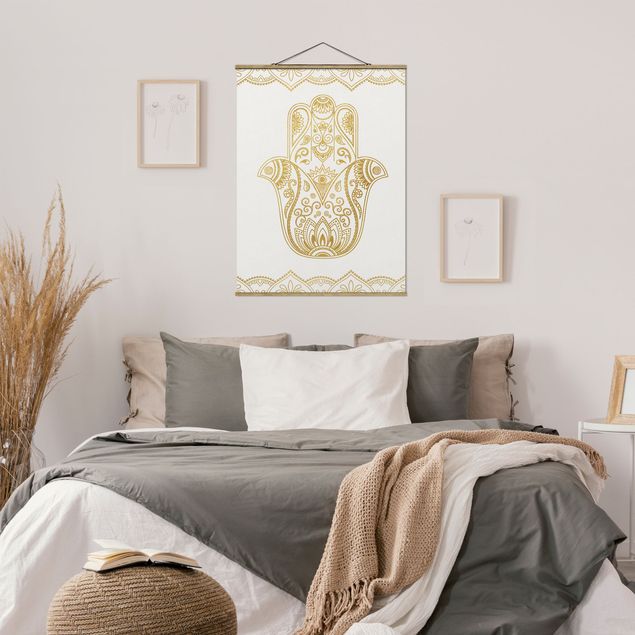 Fabric print with poster hangers - Hamsa Hand Illustration White Gold