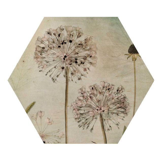 Wooden hexagon - Allium flowers in pastel