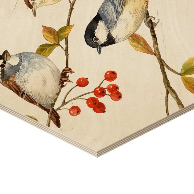 Wooden hexagon - Birds And Berries - Tits