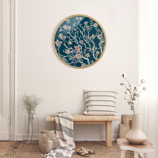 Circular framed print - Chinoiserie Flowers At Night I