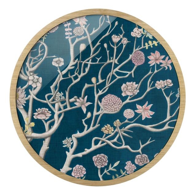 Circular framed print - Chinoiserie Flowers At Night II