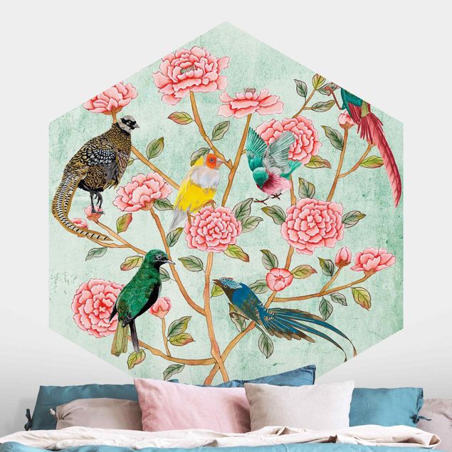Hexagonal wall mural Chinoiserie Collage In Mint II