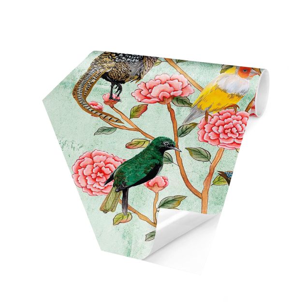 Self-adhesive hexagonal pattern wallpaper - Chinoiserie Collage In Mint II