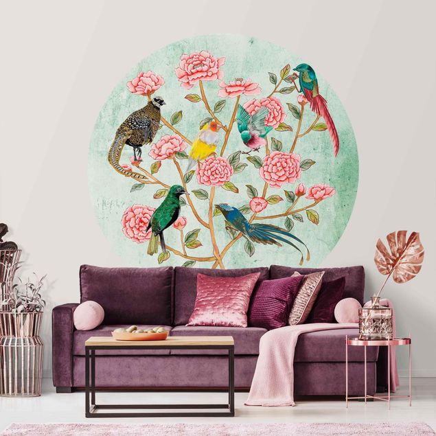 Self-adhesive round wallpaper - Chinoiserie Collage In Mint II