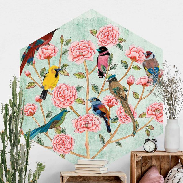 Hexagonal wallpapers Chinoiserie Collage In Mint