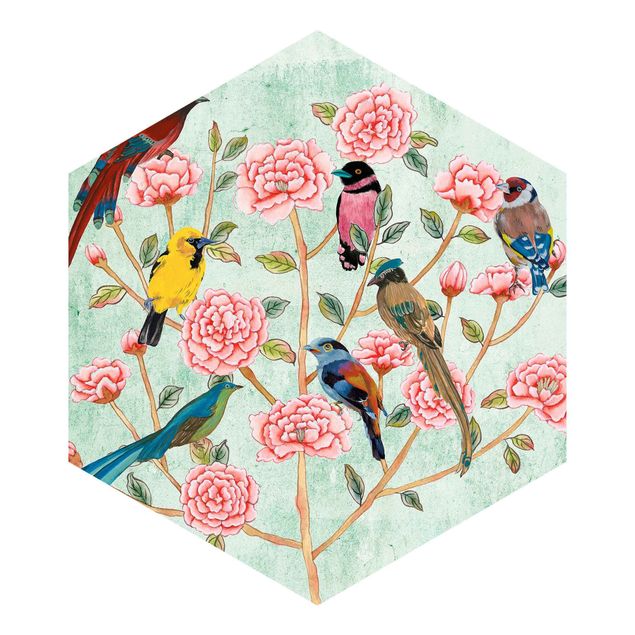 Self-adhesive hexagonal pattern wallpaper - Chinoiserie Collage In Mint
