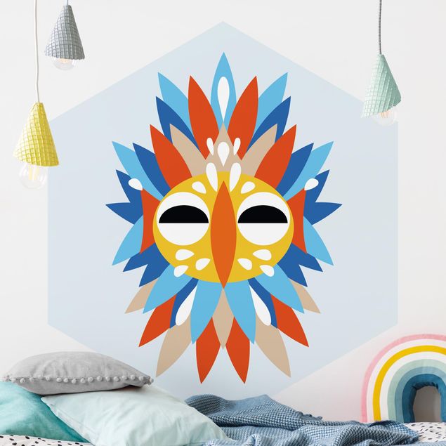 Hexagonal wall mural Collage Ethnic Mask - Parrot