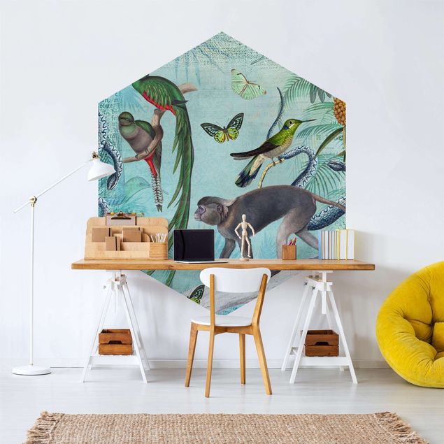 Self-adhesive hexagonal pattern wallpaper - Colonial Style Collage - Monkeys And Birds Of Paradise