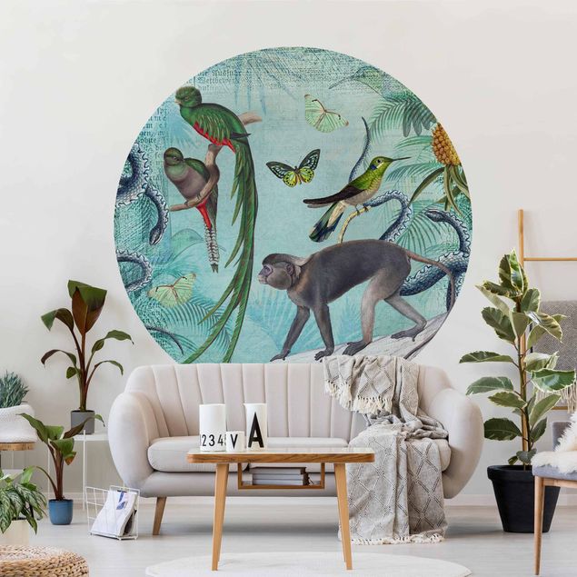 Self-adhesive round wallpaper - Colonial Style Collage - Monkeys And Birds Of Paradise